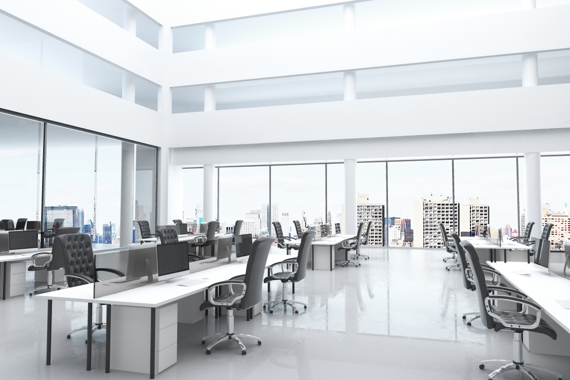 Office area with large windows.